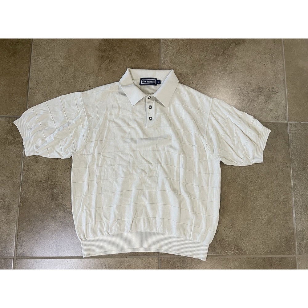 Paul Frederick knit polo Shirt silk Mens Sz L Ivory off white soft checkered